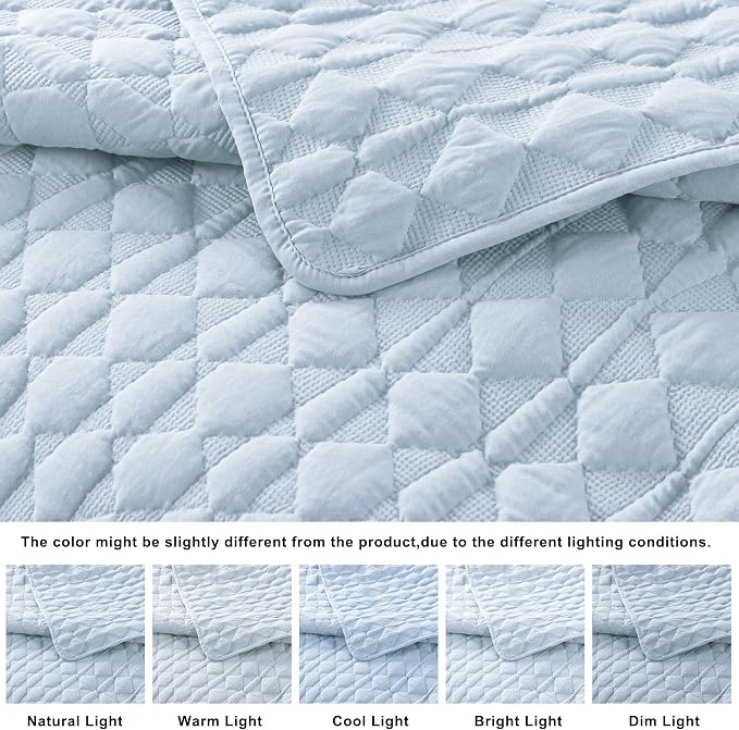 WDCOZY Light Blue Quilt King Size Bedding Set with 2 Pillow Shams, Lightweight Soft Bedspread Coverlet, Thin Comforter Bed Cover for All Season, 3 Pieces, 104x90 inches