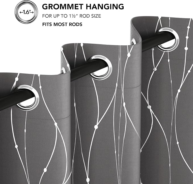 Deconovo 4 Panels Blackout Curtains, Grey Curtain, Thermal Insulated Soundproof Curtain Drapes, Wave Dot Foil Print, 52 x 84 Inch, Machine‑Washable Privacy Window Drape for Bedroom Living Room Office