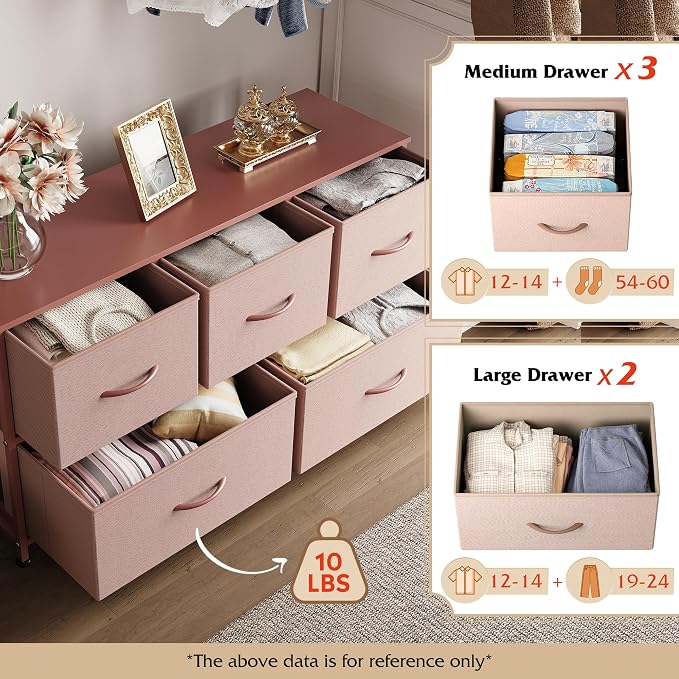 WLIVE Wide Dresser for Bedroom, 5 Drawer Chest of Drawers, Pink | 5 roomy fabric drawers, Wide storage design, Bedroom or closet use, Sturdy steel frame, Smooth wood tabletop