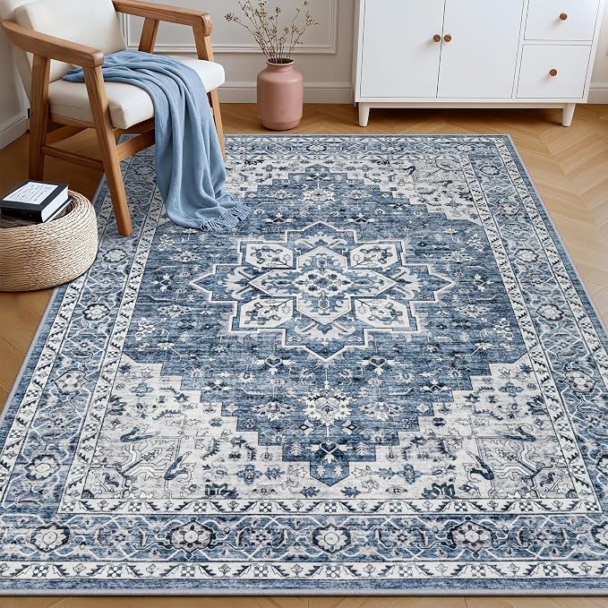 4x6 Area Rugs Living Room: Washable Vintage Rug for Bedroom Blue | Boho No Slip Stain Resistant Rug Soft Indoor Decor Floor Floral 4x6 Area Rugs for Dining Room, Nursery, Hallway, Home Office