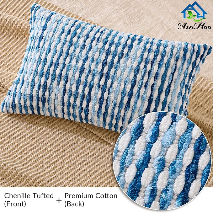 AmHoo Set of 2 Boho Chenille Pillow Cover Decorative Tufted Pillowcase for Couch Bed Sofa Bedroom Living Room Modern 12 x 20-Inch Sky Blue
