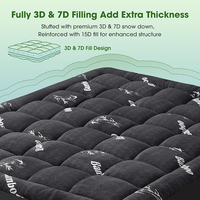 Mattress Pad Queen Size, Cooling Pillow Top Mattress Topper, Ultra Soft Viscose from Bamboo, Breathable for Hot Sleepers, Deep Pocket 8"-20", Black