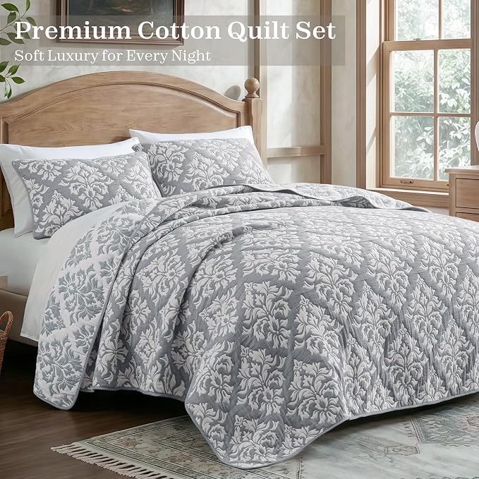 Exclusivo Mezcla Cotton Quilts King Size Grey | Soft Lightweight Bedspread, Breathable Prewashed Yarn Dyed Muslin, All Season Bedding Set, Boho Coverlet With 2 Pillow Shams