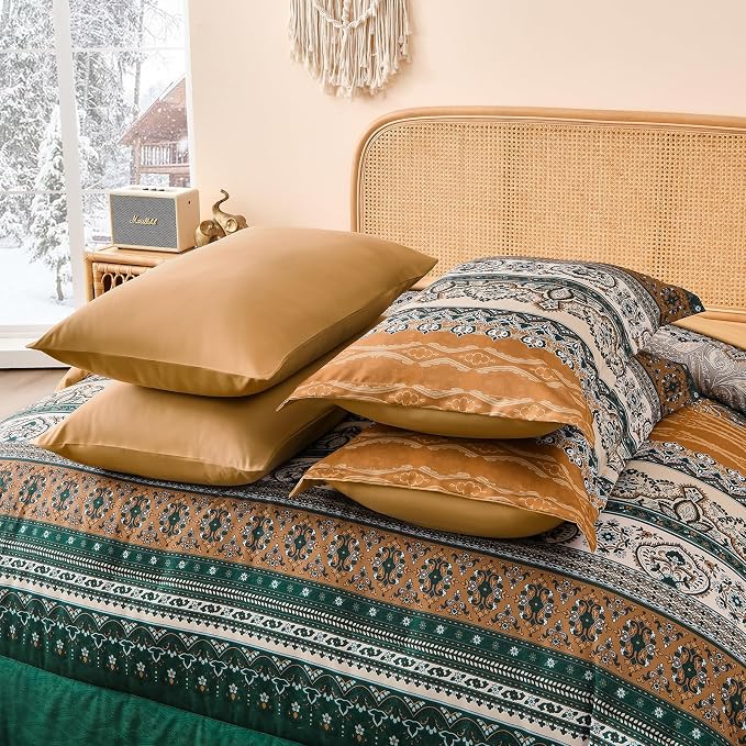 Cottolester Boho Comforter Set Queen Size,8 Pieces Brown and Green Bohemian Striped Bed in a Bag,Paisley Soft Microfiber Bedding Comforter Set