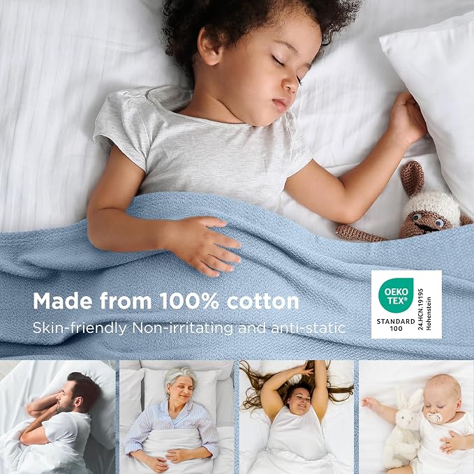 Bedsure GentleSoft 100% Cotton Blanket King Size for Bed - Breathable and Lightweight, Soft Cozy Textured Herringbone Woven Blanket for Summer, Light Blue, 108x90 inches