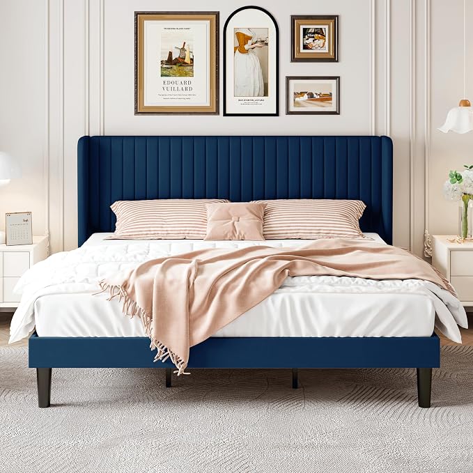 SHA CERLIN King Size Velvet Bed Frame, Tufted Wingback Headboard, Blue | 47'' Modern Vertical Channel Headboard, Upholstered Platform Bed, Wood Slats, No Box Spring Needed, Easy Assembly, Noise Free