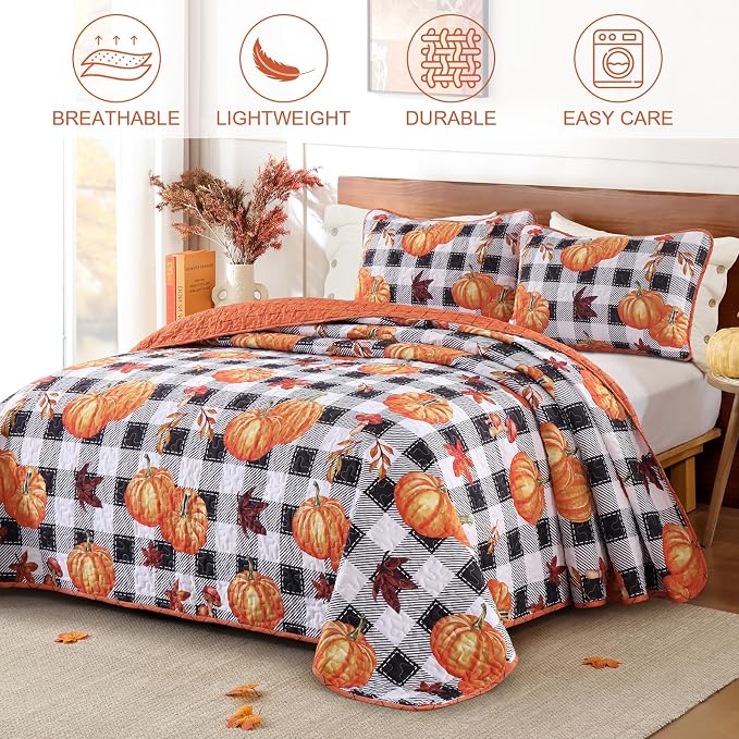 Fall Patchwork Quilt Set King Size, Pumpkin Maple Leaves Plaid Bedding Set | Thanksgiving Themed Bedspread with Black White Checkered Pattern, Soft Coverlet with 2 Pillowcases Autumn Home Decor Gift
