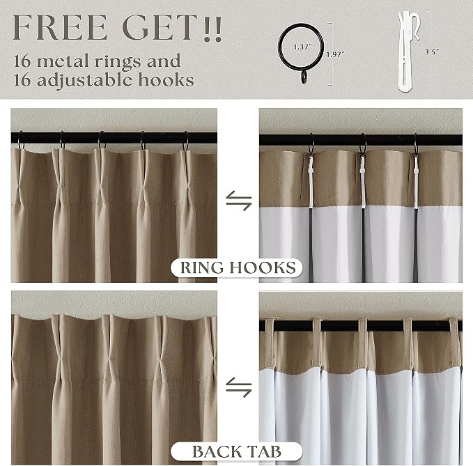 Light Brown 100% Blackout Pinch Pleated Linen 63 Inch Curtains with Liner | Memory Trained, Thermal Insulated, Heat Blocking, Black Out Curtains for Small Window Dining Room Bedroom 2 Panels W40xL63