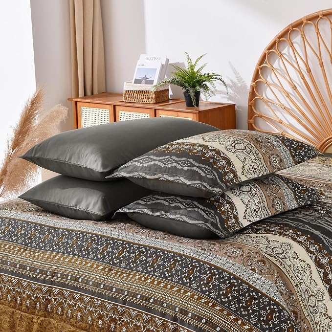 Cottolester Boho Queen Comforter Set 8 Pieces,Brown Black Bohemian Comforter Paisley Striped Bed in A Bag,Soft Microfiber Bedding Set for All Season