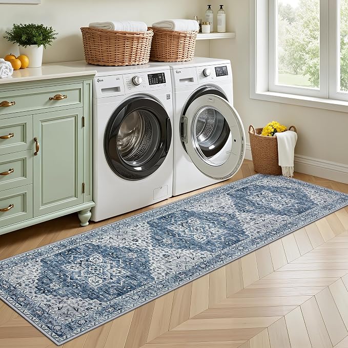 Hallway Runner Rug: 2.6x8 Kitchen Boho Rugs for Living Room Blue | Runner Rug Hallway Washable Rug No Slip Soft Bedroom Rug Indoor Floor Stain Resistant Carpets for Entryway, Laundry, Bathroom