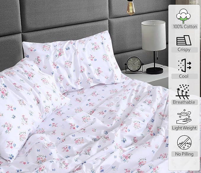 RUVANTI 100% Cotton Percale Sheets Split King Size, Funa Flora | Crisp Cooling, Deep Pocket 16", Soft Breathable & Durable, Hotel-Style, 5 Piece Set