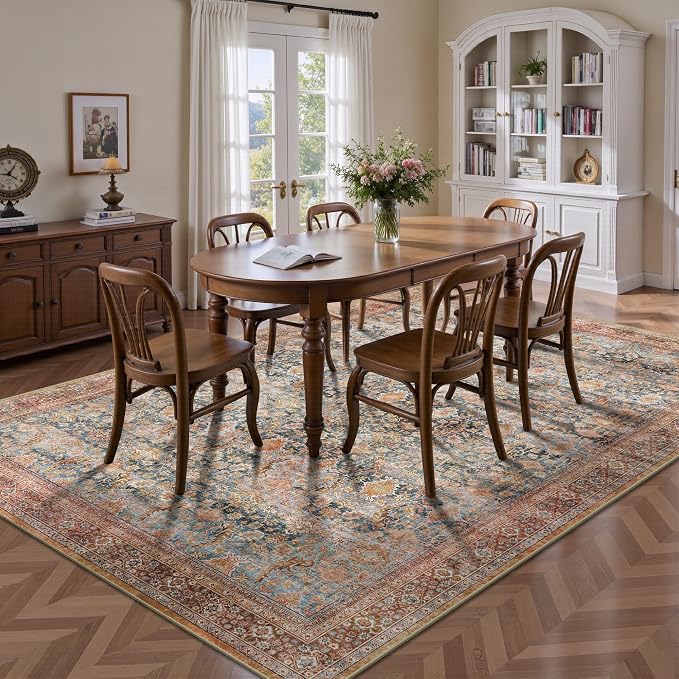 5x7 Area Rugs - Washable Vintage Retro Living Room Rug, Soft Ultra Thin Non Slip Low Pile Traditional Distressed Boho Carpet for Bedroom Dining Room Nursery Home Office, Rust Clay