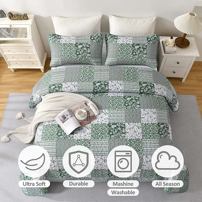 Mybedsoul Boho Quilt King Size, Patchwork Floral Bedding Set, Green | Soft Lightweight Microfiber Coverlet Set, 3 Pieces Plaid Reversible Bedspread, Bed Sets for All Seasons 90"x110"