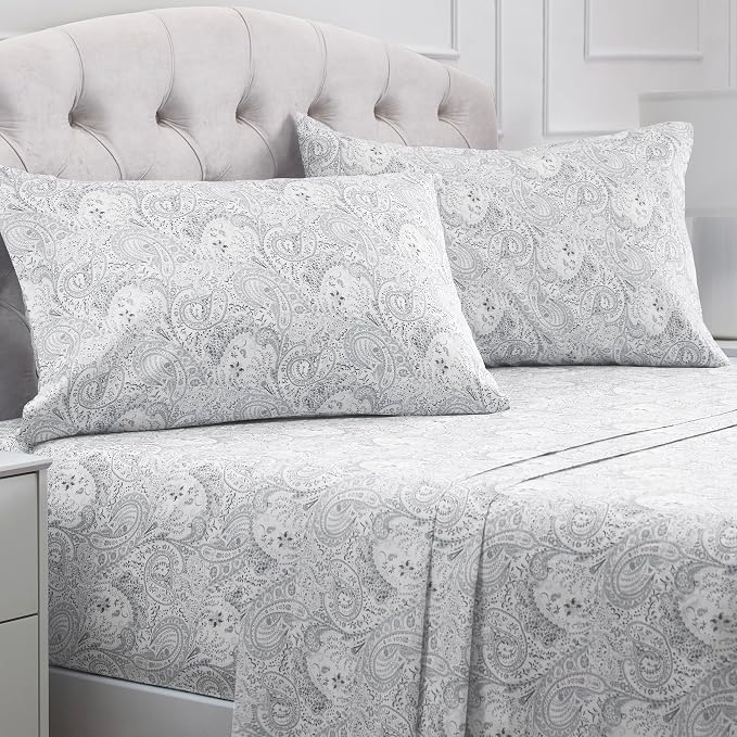 Mellanni Iconic 4-Piece Microfiber Sheet Set (Queen, Paisley Gray) | Double-brushed softness; breathable comfort; 16-in deep pocket; machine washable; OEKO-TEX(R) certified; Lifetime Promise