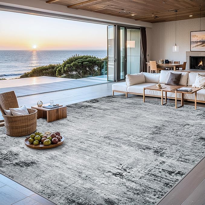 PLHXFR 10x14 Area Rug Living Room: Modern Abstract Washable Carpet Black | For Bedroom Dining Room Farmhouse Nursery Home,Machine washable,Non Slip,Large Soft Neutral,Stain Resistant, Indoor Floor