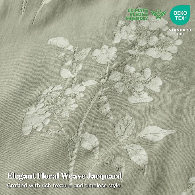 PHF Stone-Washed 100% Cotton Duvet Cover Queen Size, 90"x90", Dusty Sage | Elegant Floral Jacquard Woven, Ultra Soft Breathable All Season Bedding Set for Adults, 3pcs with 2 Pillow Shams, No Filling
