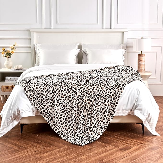 Edenleaf Leopard Print Blanket Fleece Throw for Bed Sofa Travel and Camping, Super Soft Cozy Fluffy Plush Cheetah Print Blanket for All Seasons 60"x80" (Cream)