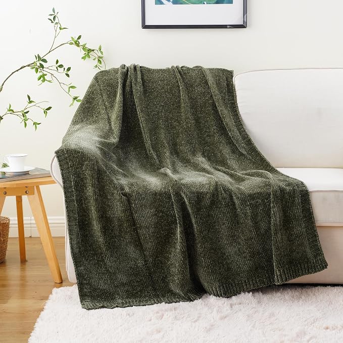 Olive Green Chenille Throw Blanket for Couch, Cozy Knit Throw Blanket 51x67 | Shiny Chenille Blanket, Super Soft Dark Green Blankets Knitted Blankets for Bed Sofa Home Decor
