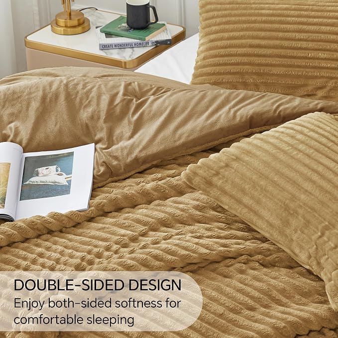 BEDELITE Fleece King Comforter Set, Fluffy Bed Set, Brown | Super Soft & Warm Bedding, Luxury Fuzzy Faux Fur Comforter for Winter, Heavy Plush Bedding, with 2 Pillowcases