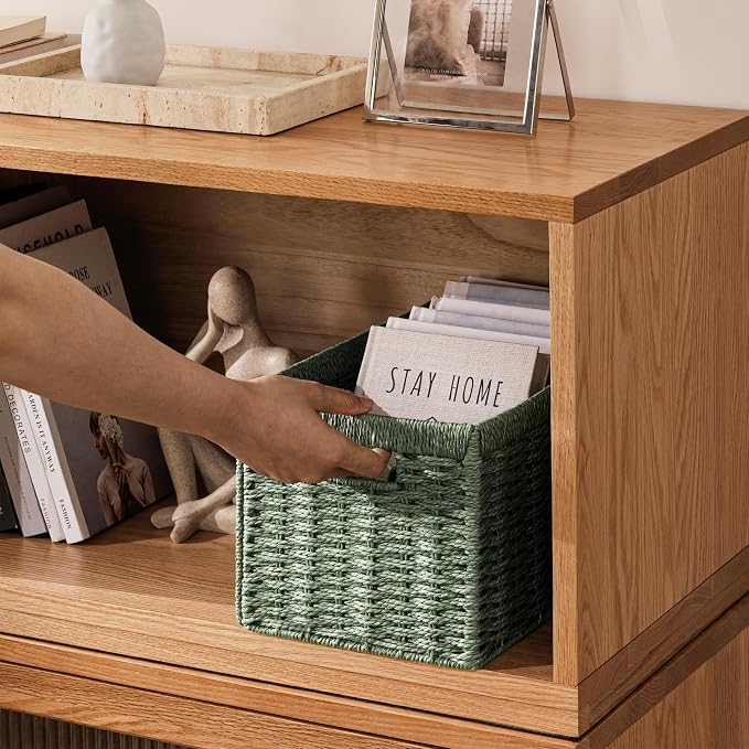 UBBCARE 2 Pack Wicker Basket, 13.4L×8.3H×7.1W inch Woven Paper Rope Storage Baskets for Shelves, Foldable Rectangular Storage Baskets with Handle, Storage Basket for Organizing, Green