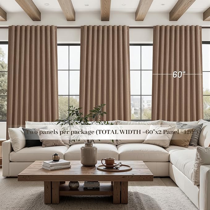 Rust Brown Blackout Curtains 60 Inches Extra Wide Linen 96 Inch Length for Living Room, Pleated Farmhouse Bedroom Chocolate Thermal Drapes for Winter Thick Large Window 60"W x 96"L 2 Panels