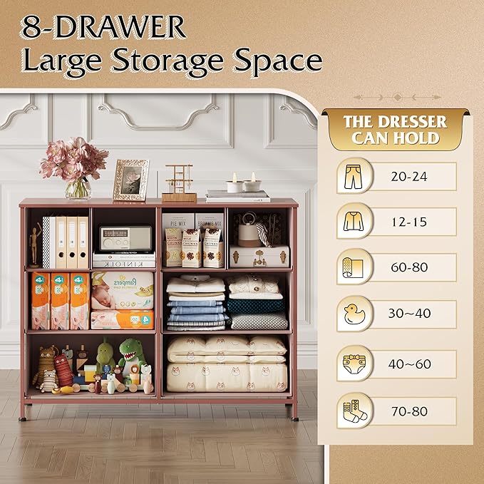WLIVE Wide Dresser for Bedroom, 8 Drawer Chest of Drawers, Pink | 8 roomy fabric drawers, Wide storage design, Bedroom or closet use, Sturdy steel frame, Smooth wood tabletop