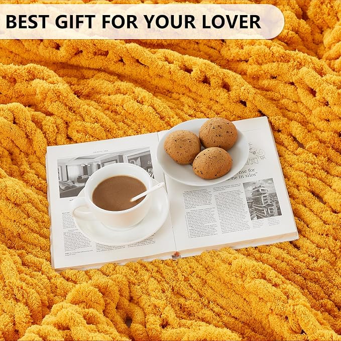 L'AGRATY Chunky Knit Throw Blanket for Couch, 50 x 60 Inches Mustard Yellow | Handmade Chenille Crochet Blanket for Sofa Bed, Thick Cable Knitted Blankets for Room Home Decor, Birthday Gift for Women Mom