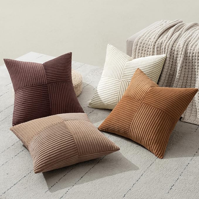 MIULEE Brown Throw Pillow Covers 20x20 Inch Set of 4 Boho Farmhouse Cushion Cases Neutral Gradient Corduroy Pillow Cases with Invisible Zipper Patchwork Home Decor for Couch Sofa Bed