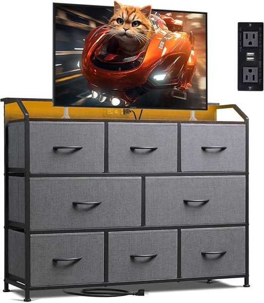 WLIVE Dresser for Bedroom, 8 Drawer LED Dresser with Outlet, Dark Grey | 8 roomy fabric drawers, LED ambient lighting, Built-in power outlet, Bedroom or living room, Chest of drawers
