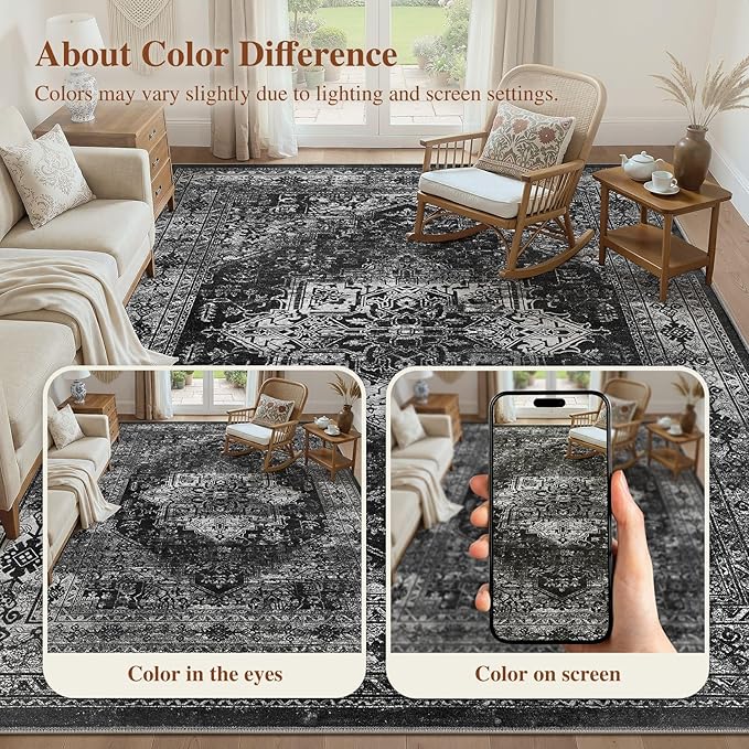 UERMEI 10x12 Area Rug Living Room Rugs - Washable Vintage Soft Large Rug Indoor Floor No Slip Rug Carpet for Bedroom Farmhouse Under Dining Table Home Office Decor - Black