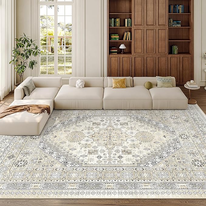 8x10 Area Rugs for Living Room,Large Washable Rug,Beige | Rugs for Bedroom,Dining Room,Office,Low Pile,Soft, Vintage Rug,Stain Resistant Indoor Carpet,Non Slip,Home Decor