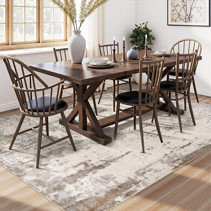 UERMEI 9x12 Washable Area Rug - Neutral Modern Abstract Living Room Rugs, Non-Slip Soft Large Indoor Floor Carpet for Bedroom Home Office & Under Dining Table Decor, Brown/Grey/Beige