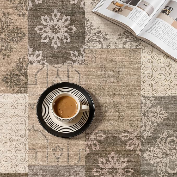 UERMEI 9x12 Area Rug for Living Room, Washable Brown Modern Geometric Patchwork Non Slip Stain Resistant Low Pile Foldable Carpet for Bedroom Dining Farmhouse Home Office