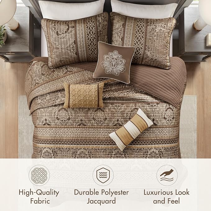 Madison Park Traditional Jacquard Quilt Set, 6PC King/Cal King Coverlet | Damask Design, All Season, with Shams, Decorative Pillows, Lightweight, Reversible, Brown/Gold