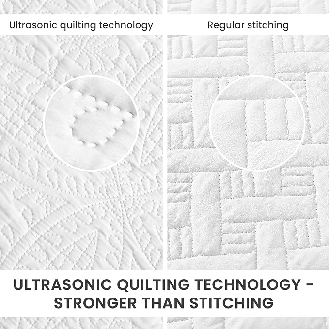 Love's cabin King Quilt Set White, Bed in a Bag King Size Bedding 7 Pieces, Ultrasonic Embossed Coin Pattern Comforter, Lightweight Bedspreads for All Seasons Quilt with Sheets, Pillowcases & Shams