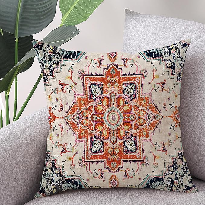 2pcs 18" x 18" Orange Bohemian Vintage Floral Waterproof Pillow Covers (Set of 2) for Indoor & Outdoor Use
