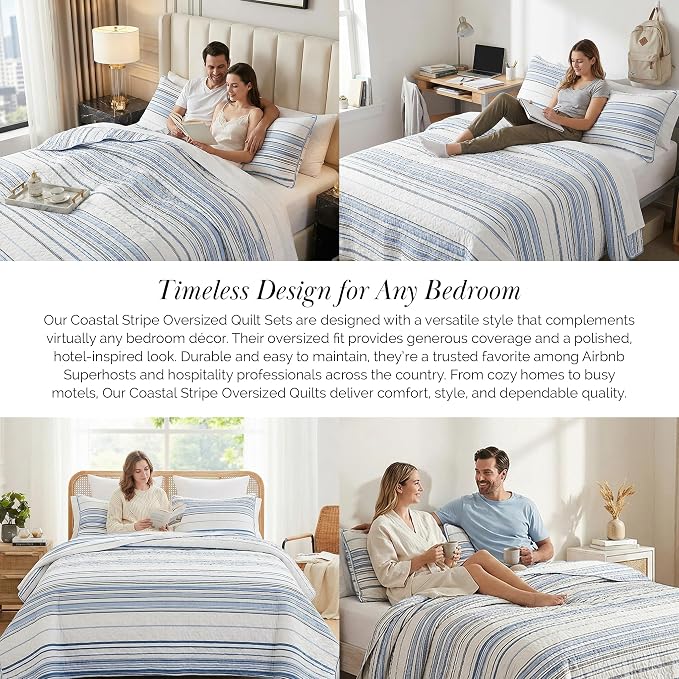 Southshore Fine Living, Inc. Oversized Queen Quilt Set, Striped Blue/White Quilt Bedspread Queen/Full, 3-Piece Coastal Bedding Set with Lightweight Coverlet and Matching Quilted Shams, Blue Stripes