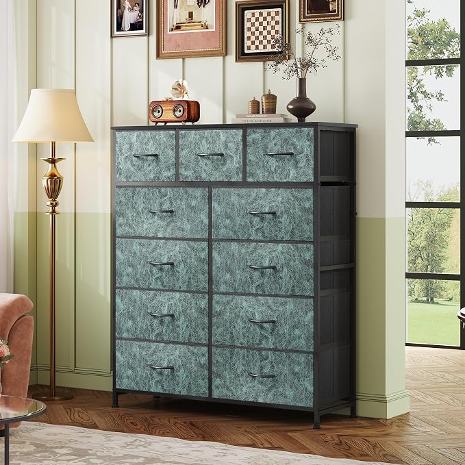 WLIVE Tall Dresser for Bedroom, 11 Drawer Chest of Drawers, Vintage Green | 11 fabric storage drawers, Tall high-capacity design, Bedroom or dorm use, Sturdy steel frame, Smooth wood tabletop