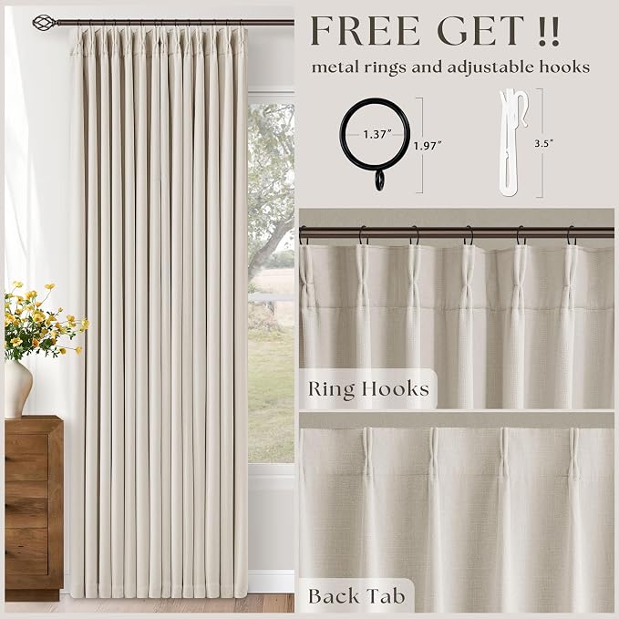 TWODRAPES 90 Inch Pinch Pleated Blackout Linen Curtains 2 Panels Natural | Memory Trained, 100% Black Out Room Darkening, Soundproof, Cream Bedroom Window Curtains Double Layer, Pinch Pleat Drapes