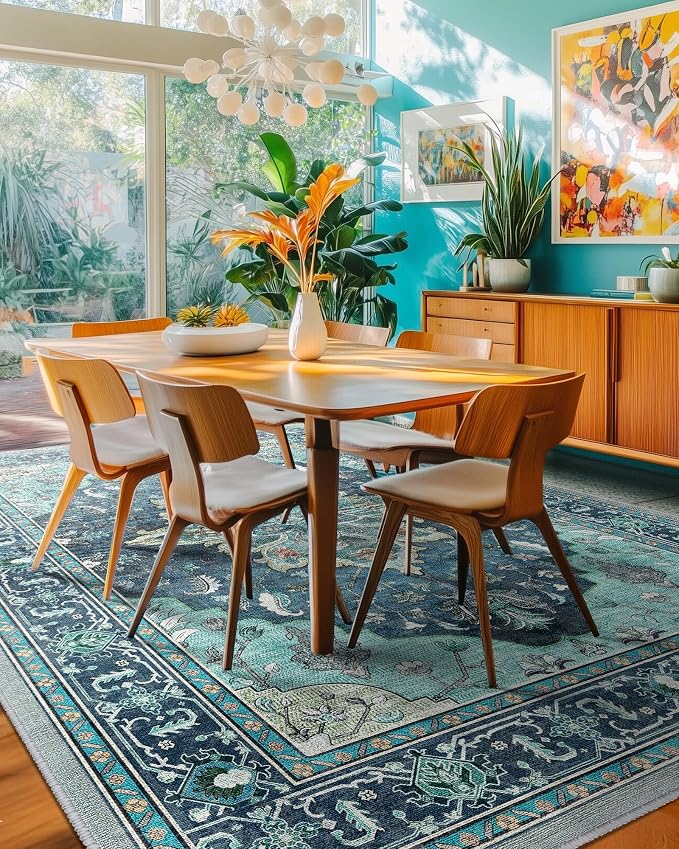 RELEANY Washable Area Rug, 5'x8', Teal | Non-Slip, Water Repellent, Pet Friendly, Easy to Clean, Vintage Floral Boho Decor for Living Room Bedroom Dining Room Office
