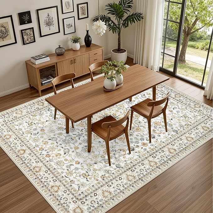 3x5 Area Rugs Living Room: Washable Vintage Rug for Bedroom Beige | Boho No Slip Stain Resistant Rug Soft Indoor Decor Floor Floral 3x5 Area Rugs for Dining Room, Nursery, Hallway, Home Office