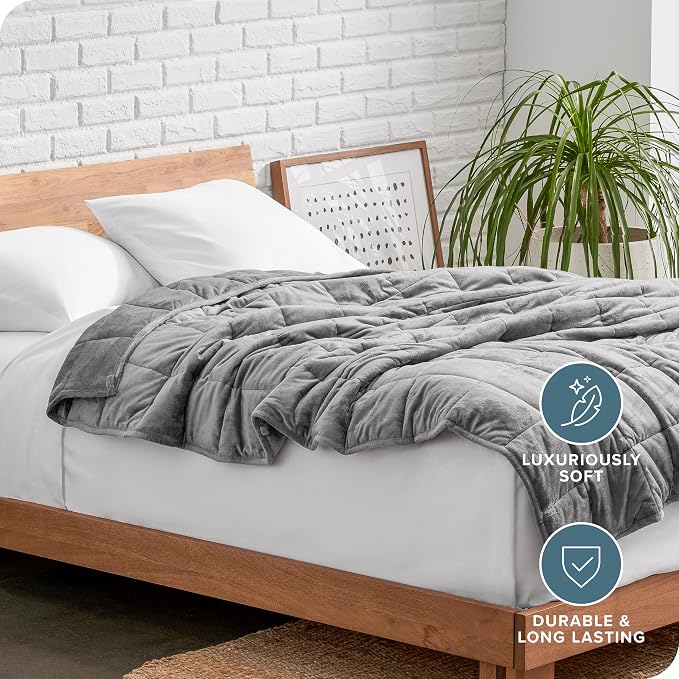 Bare Home Minky Fleece Weighted Blanket (Light Grey, 60"X80" 22lbs) | Queen Size for Adults, Minky Fleece, Premium Heavy Blanket Nontoxic Glass Beads