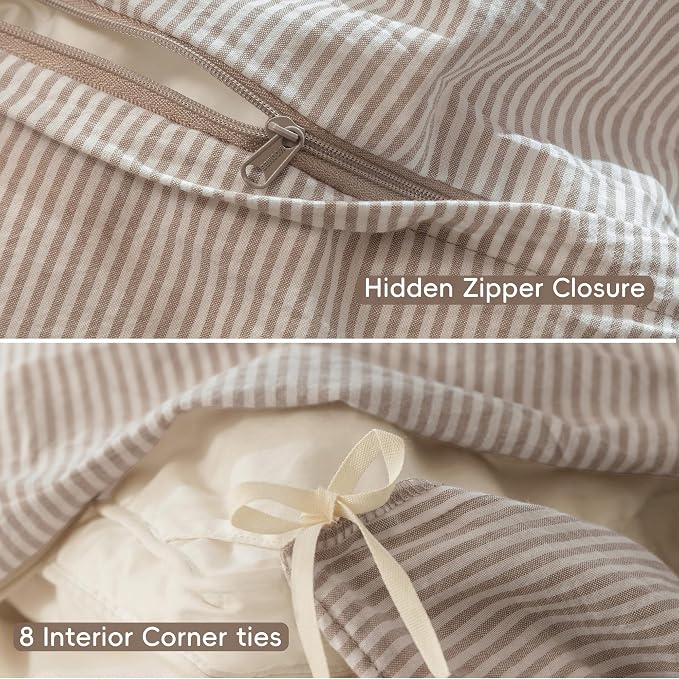 MooMee Striped Duvet Cover Set 100% Washed Cotton Linen Like King | Relaxed Linen-like Texture. Soft, Breathable & Long-lasting Comfort. Lightweight. Hidden Zipper with 8 Interior Corner Ties