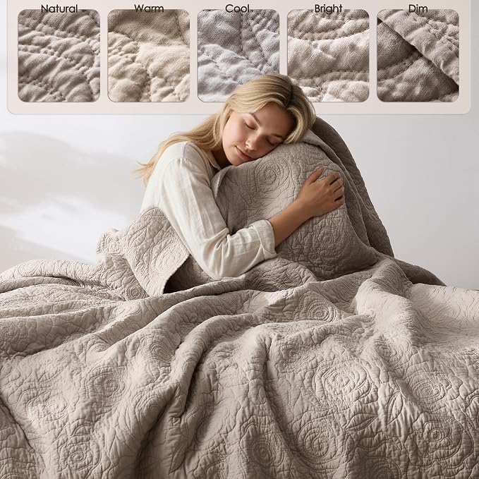 WDCOZY Dark Beige 100% Cotton Quilt King Size Bedding Sets with 2 Pillow Shams, Floral Rosette Lightweight Bedspread Soft Farmhouse Patterned Coverlet Quilted Comforter Bed Cover All Season, 3 Pieces