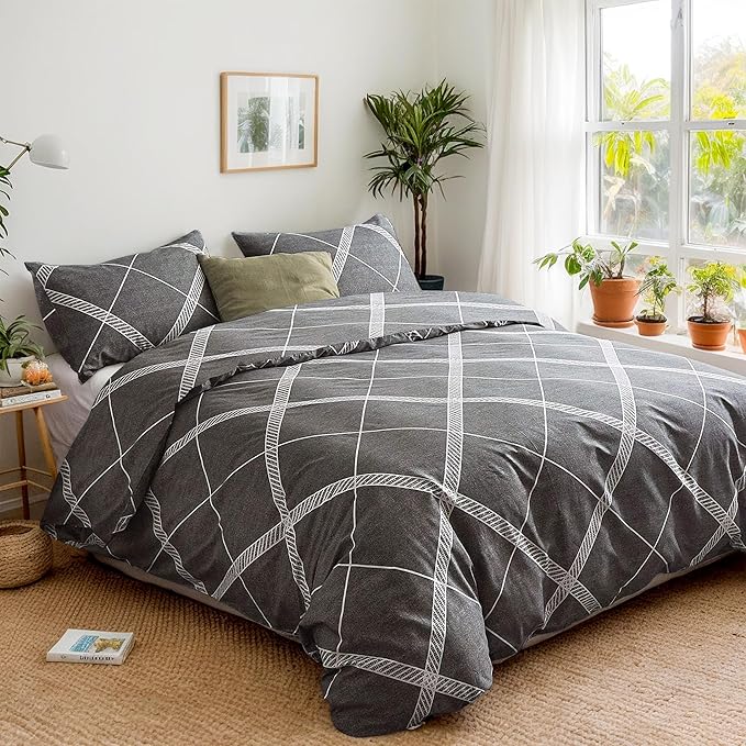 TOCOMOA Plaid Duvet Cover Set 100% Natural Cotton, Grey & White, Queen | Soft, Comfy & Breathable. Printed Bedding Set with Hidden Zipper & 8 Corner Ties. 3PCs, Comforter Not Included