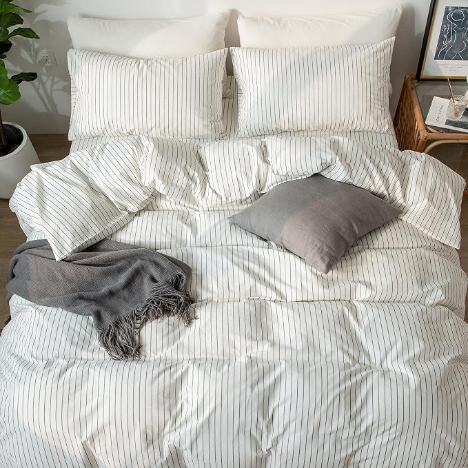 MooMee Striped Duvet Cover Set 100% Washed Cotton Linen Like Full | Relaxed Linen-like Texture. Soft, Breathable & Long-lasting Comfort. Lightweight. Hidden Zipper with 8 Interior Corner Ties