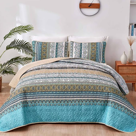 WONGS BEDDING Boho Quilt Queen Size,3 Pcs Bedspread Bedding Set, Blue Brown | Colorful Bohemian Striped Printed Bedding for All Season, Lightweight Microfiber Coverlet Set with 2 Pillowcases(96"x90")