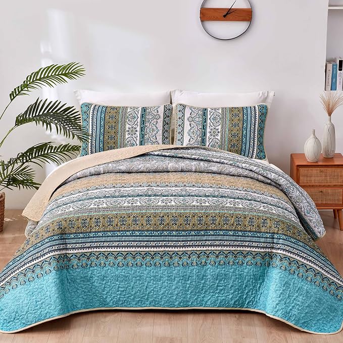 WONGS BEDDING Boho Quilt King Size,3 Pcs Bedspread Bedding Set, Blue Brown | Colorful Bohemian Striped Printed Bedding for All Season, Lightweight Microfiber Coverlet Set with 2 Pillowcases(104"x90")