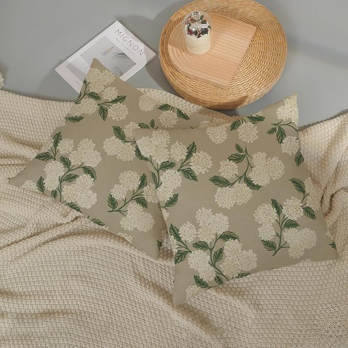 Beige Spring Pillow Covers 18x18 Inch 2 Pcs Khaki Green Hydrangea Flower Decor Throw Pillows Vintage Floral Seasonal Summer Outdoor Decoration Pillowcase Linen Cushion Cover for Couch Sofa