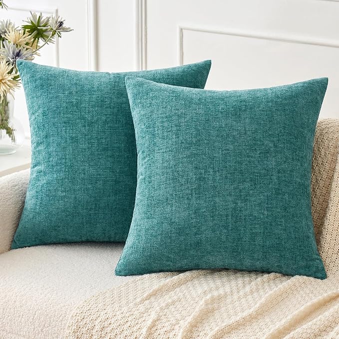 MIULEE Soft Chenille Throw Pillow Covers Teal 18x18 Inch Pack of 2 | Modern Home Decor, Classic Decorative Pillows, Solid Dyed Cases, Boho Couch Cushion Covers for Sofa Bed Living Room